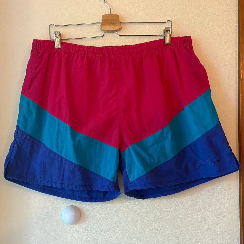 Vintage 80s Colorblock Swim Trunks Bright Pink Blue Cascade Sport Size XL Beach